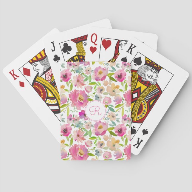 Boho Pastel Pink Floral Watercolor Botanical Playing Cards (Back)