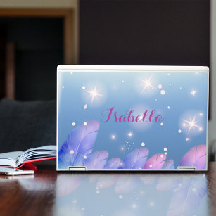 Boho Pastel Purple Pink Feathers Sparkles And Name HP Laptop Skin