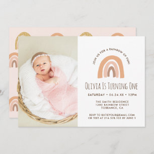 Boho Pastel Rainbow 1st Birthday Photo Invitation