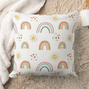 Boho Pastel Rainbows & Sunburst Pattern Throw Pillow