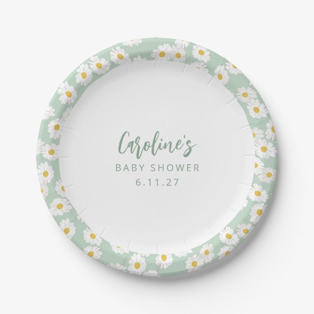 Boho Pastel Sage Daisies Floral Custom Baby Shower Paper Plate