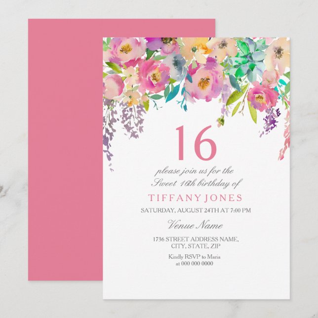 Boho Pastel Watercolor Flowers 16th Birthday Party Invitation (Front/Back)