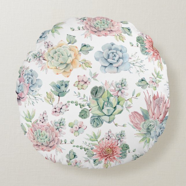 Boho Pastel Watercolor Succulents Floral Pattern Round Pillow (Front)