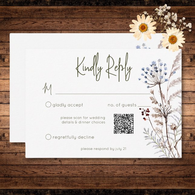 Boho Pastel Wildflowers Modern Floral QR Code RSVP Card (Boho Pastel Wildflowers Modern Floral QR Code RSVP Card)