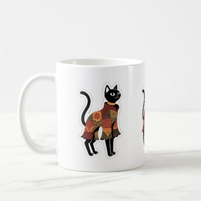 Boho Patchwork Black Cat Coffee Mug (Left)