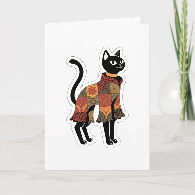 Boho Patchwork Black Cat Greeting Card (Front)