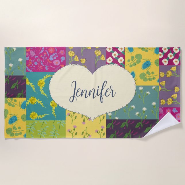 Boho Patchwork Quilt and Heart Shape Personalized Beach Towel (Front)