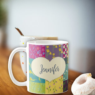 Boho Patchwork Quilt and Heart Shape Personalized Coffee Mug