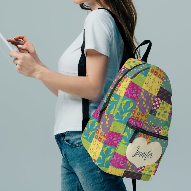 Boho Patchwork Quilt and Heart Shape Personalized Printed Backpack (Creator Uploaded)