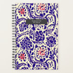 Boho Pattern Blue and Red Planner<br><div class="desc">Blue with red accents watercolor inspired boho pattern. Personalize name inside grey rectangle at front.</div>