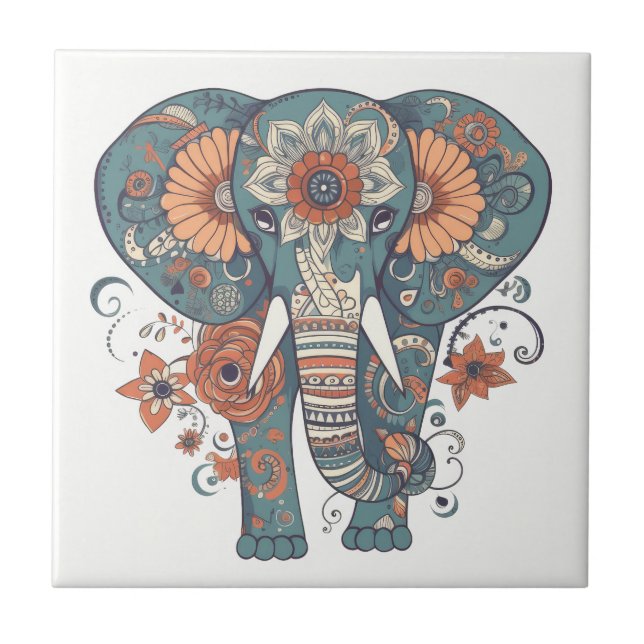 Boho Pattern Floral Elephant  Tile (Front)