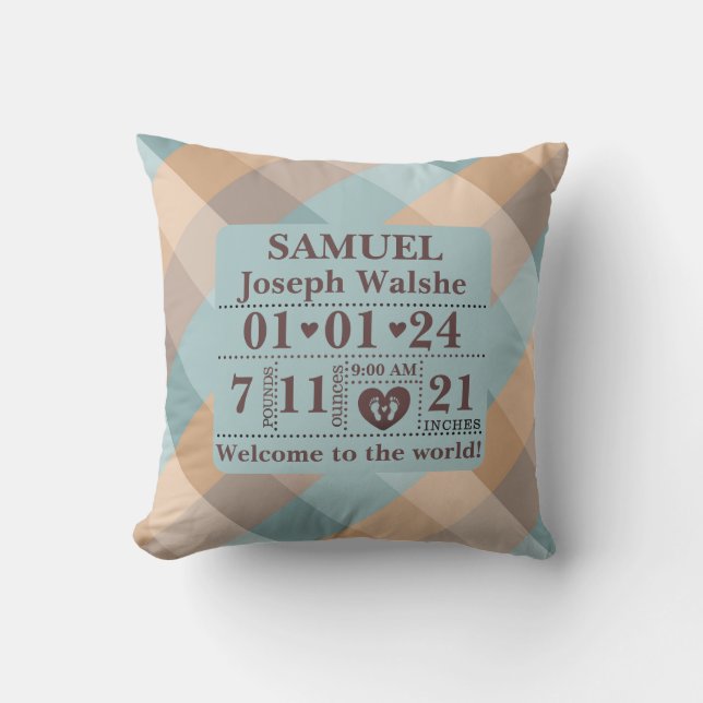 Boho Pattern Personalized Birth Stats Throw Pillow (Front)