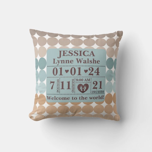 Boho Pattern Personalized Birth Stats Throw Pillow (Front)