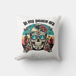 Boho Peace Era Skull – Retro Desert Floral Design" Throw Pillow