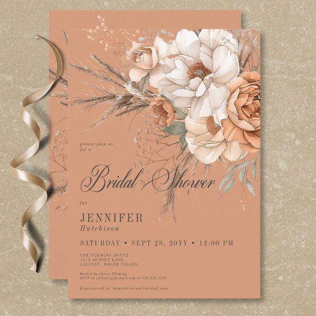 Boho Peach & Cream Floral Rust Bridal Shower Invitation (Boho Peach & Cream Floral Rust Bridal Shower Invitation)