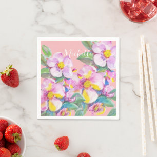 Boho Peach Flowers Watercolor Personalized Napkin