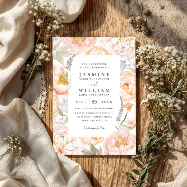 Boho Peach Flowers Wreath QR Code Wedding Invitation (Creator Uploaded)