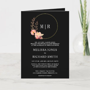 Boho Peach Orchid Floral QR Code Black Wedding Invitation
