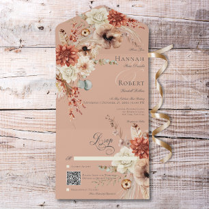 Boho Peach & Rust Floral & Feather Peach QR Code All In One Invitation