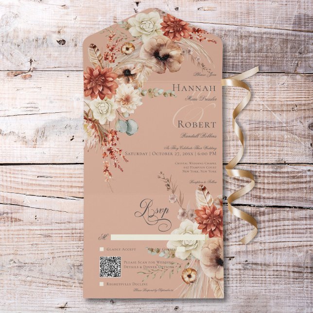 Boho Peach & Rust Floral & Feather Peach QR Code All In One Invitation (Boho Peach & Rust Floral & Feather Peach QR Code All In One Invitation)