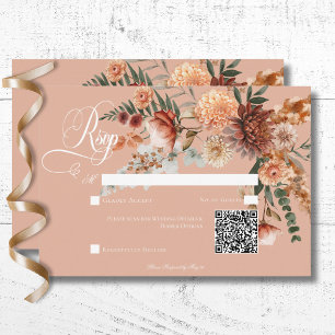 Boho Peach & Rust Floral Peach Blush QR Code RSVP Card
