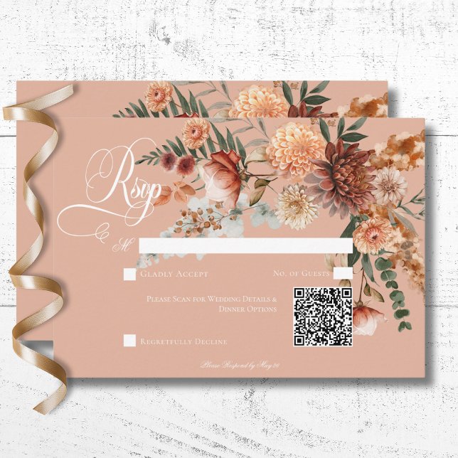 Boho Peach & Rust Floral Peach Blush QR Code RSVP Card (Boho Peach & Rust Floral Peach Blush Dinner RSVP Card with QR Code)