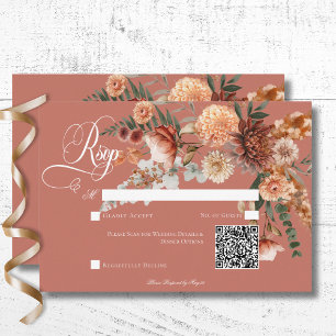 Boho Peach & Rust Floral Rust QR Code RSVP Card