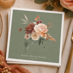 Boho Peach & Rust Floral Sage Green Bridal Shower Napkin