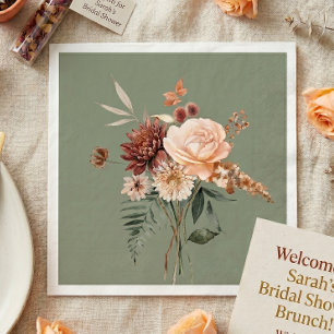 Boho Peach & Rust Floral Sage Green Bridal Shower Napkin