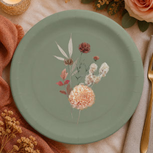 Boho Peach & Rust Floral Sage Green Bridal Shower Paper Plate