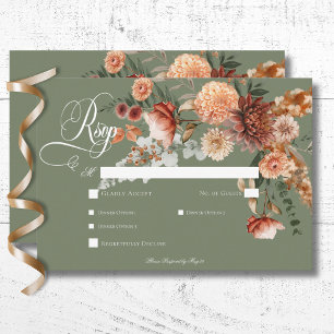 Boho Peach & Rust Floral Sage Green Dinner RSVP Card