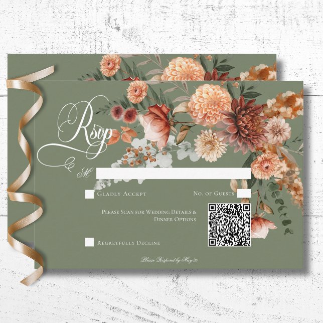 Boho Peach & Rust Floral Sage Green QR Code RSVP Card (Boho Peach & Rust Floral Sage Green QR Code RSVP Card)