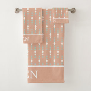 Boho Peach Sage Green White Triangles Abstract Geo Bath Towel Set