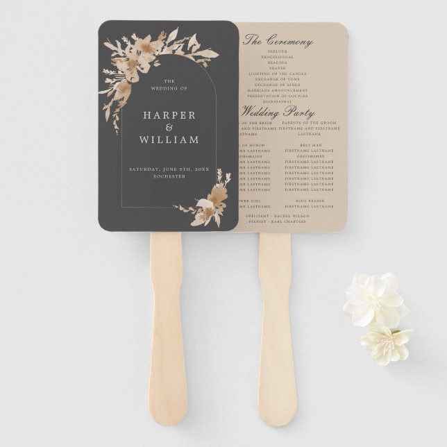 boho peach wildflowers wedding program hand fan (Front and Back)