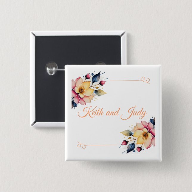 Boho Peachy Floral 2 Inch Square Button (Front & Back)
