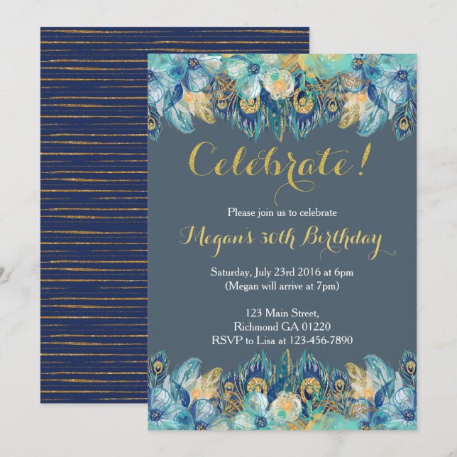 Boho Peacock Feather Gold and Navy Invitation (Front/Back)