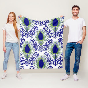 Boho Peacock Feather Jewel Tone-Blue Green Fleece Blanket