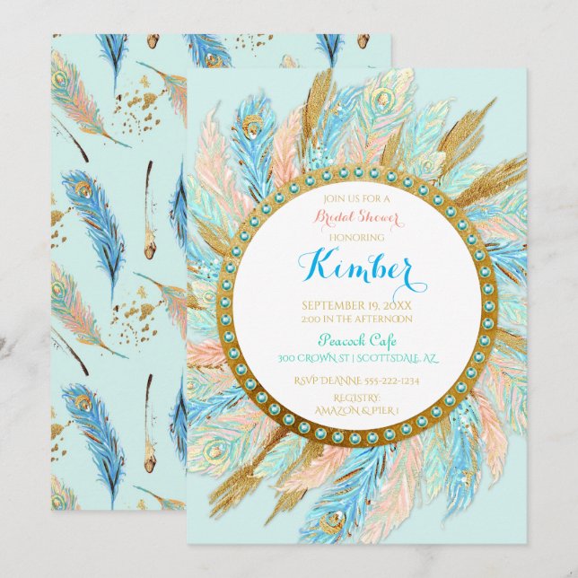 Boho Peacock Feathers Mint Peach Gold Turquoise Invitation (Front/Back)