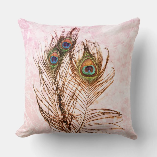 Boho Peacock Feathers Pink Orange Mandala Sun Throw Pillow (Front)