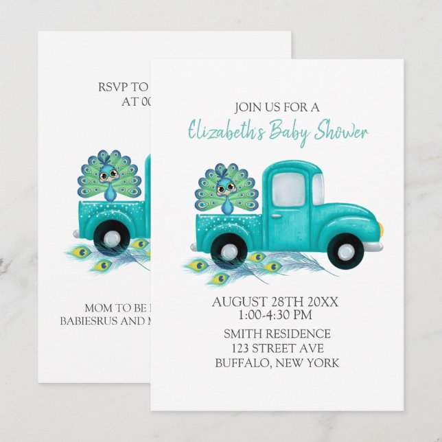 Boho Peacock Feathers Vintage Truck Baby Shower Invitation (Front/Back)