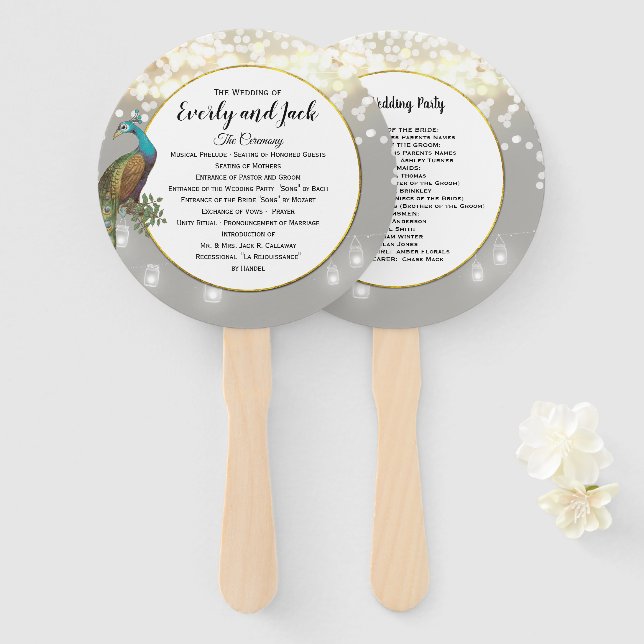 Boho Peacock Grey Teal Gold Wedding Program Hand Fan (Front and Back)
