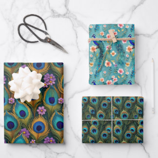 Boho Peacocks And Vibrant Peacock Feathers Florals Wrapping Paper Sheet