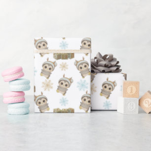 Boho Penguin And Snowflakes Baby Boy Wrapping Paper
