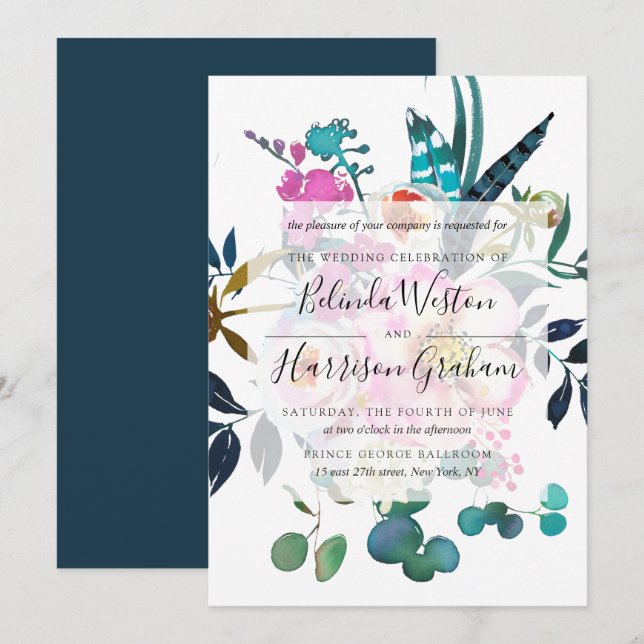 Boho Peonies Floral Wedding Invitation (Front/Back)