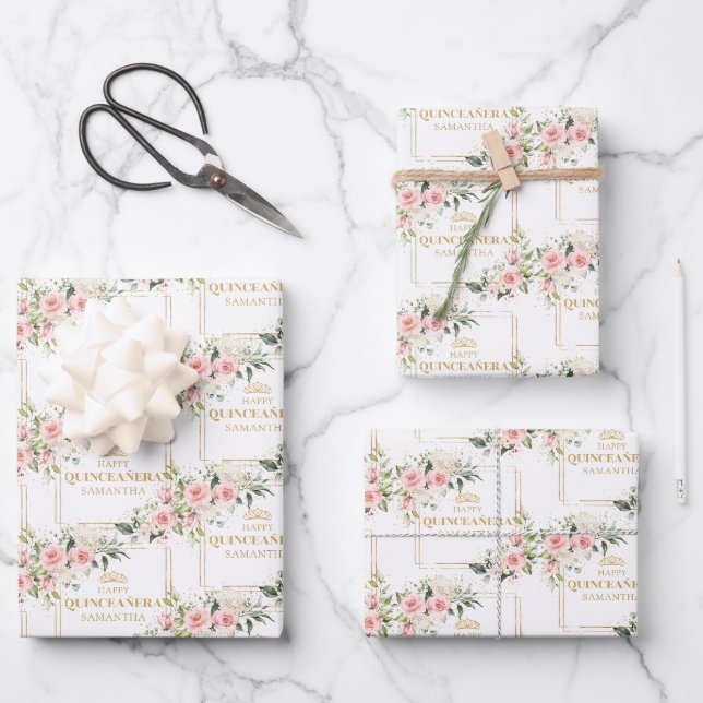 Boho personalized blush roses gold quinceanera wrapping paper sheet (Front)