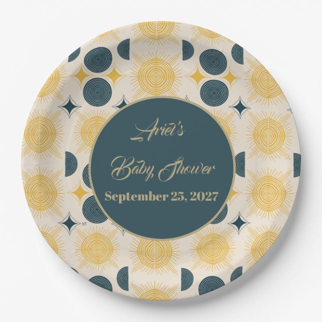 Boho Personalized Sun Moon Stars Blue Yellow Paper Plate (Front)