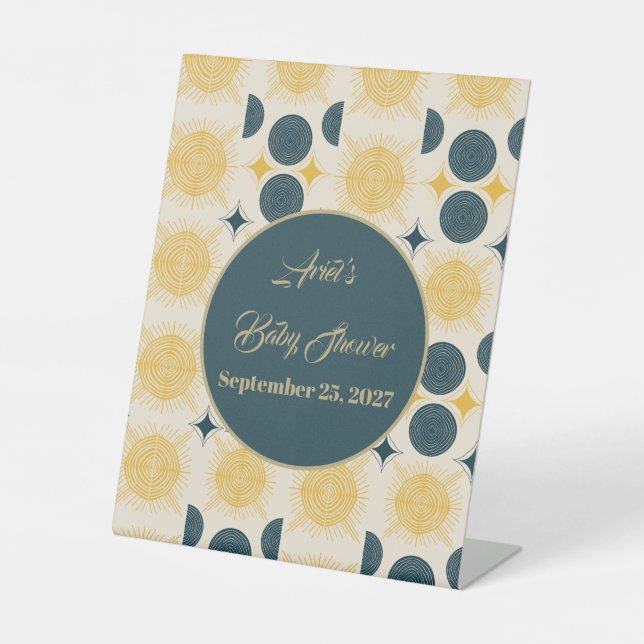 Boho Personalized Sun Moon Stars Blue Yellow Pedestal Sign (Front)