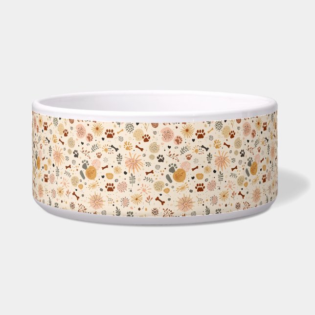 Boho Pet Food Bowl | Hand-Drawn Paw & Botanicals (Front)