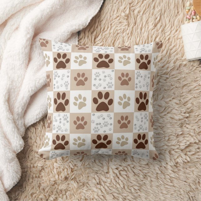Boho Pet Paw Chequered Pattern Throw Pillow (Blanket)