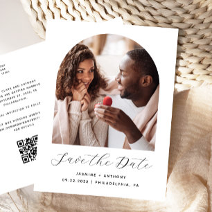 Boho Photo Arch Black White QR Code Save the Date Postcard